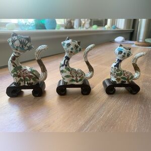 Set of 3 Vintage Enamel Metal White Floral Cloisonné Kitty Cat Figurines